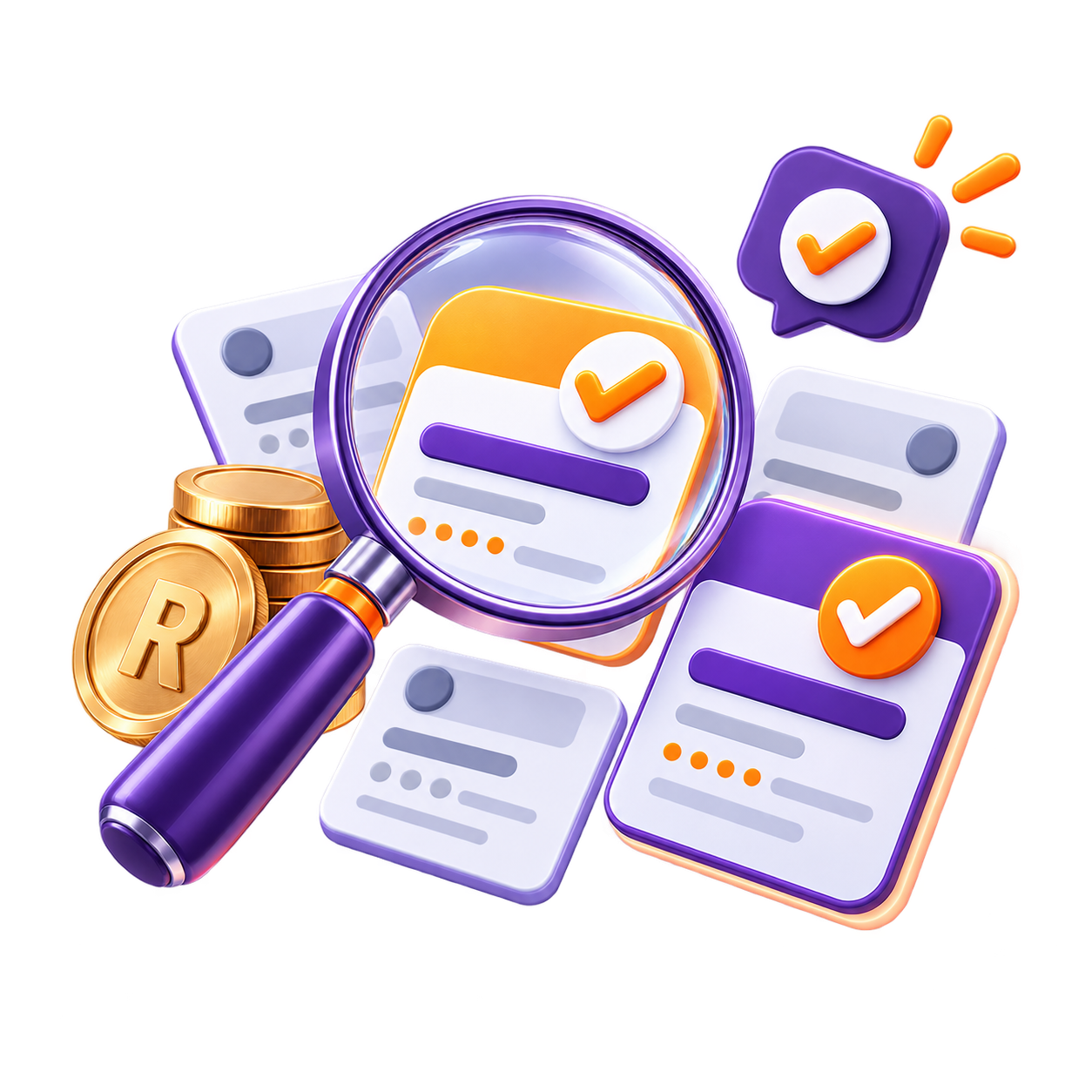Magnifying glass reviewing approved lender offer cards with rand coins