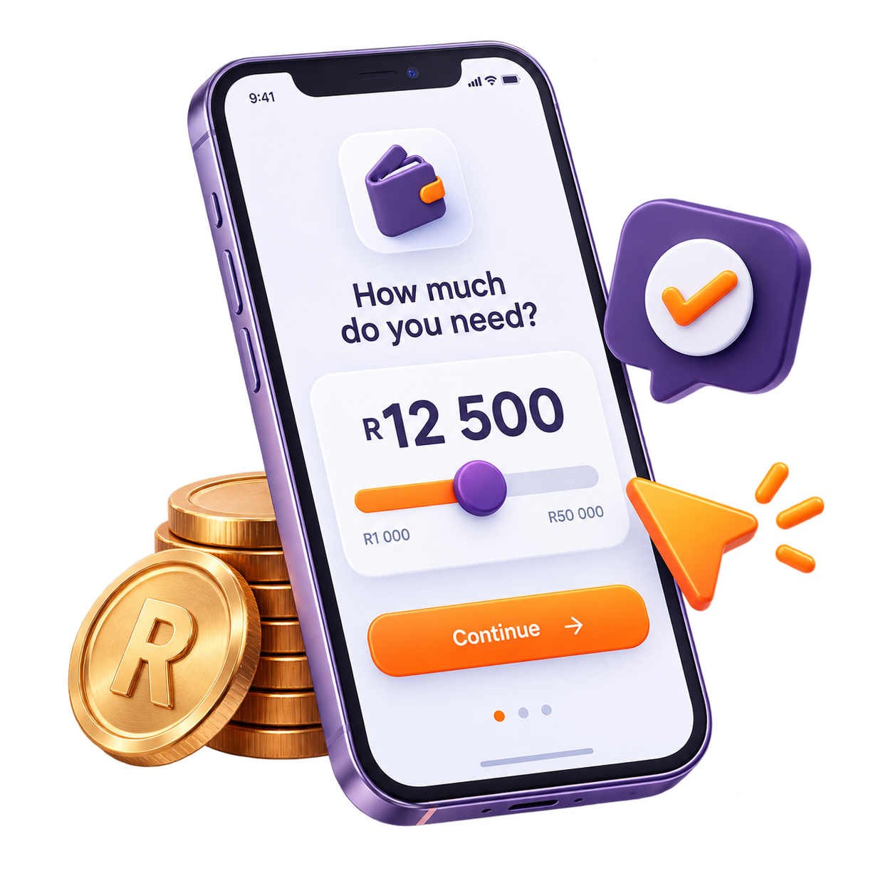 Phone showing a loan amount slider set to R12 500 with gold rand coins alongside
